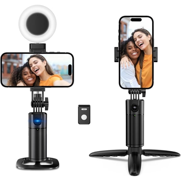 Auto Face Tracking Tripod 360 Rotation iPhone Desk Stand. Cell Phone Photo Vlogging Kit with Remote & Gesture Control. Rechargeable Smart Shooting Selfie Fill Light Stand for Live Record No App