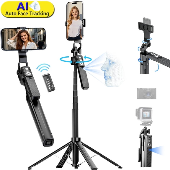 70.9" Auto Face Tracking Selfie Stick Tripod for iPhone Android, No App, 360Rotation Tripod that Follows Your Movement with Remote Control for Live Streaming, TikTok, YouTube