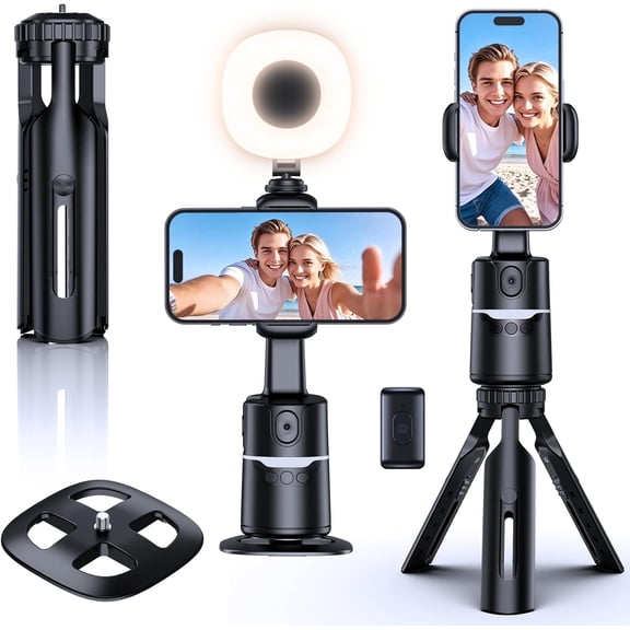 Auto Face Tracking Tripod with Adjustable Desk Tripod, 360 Rotating vlogging kit for iPhone with Remote & Gesture Control, Rechargeable Selfie Fill Light, No App Required