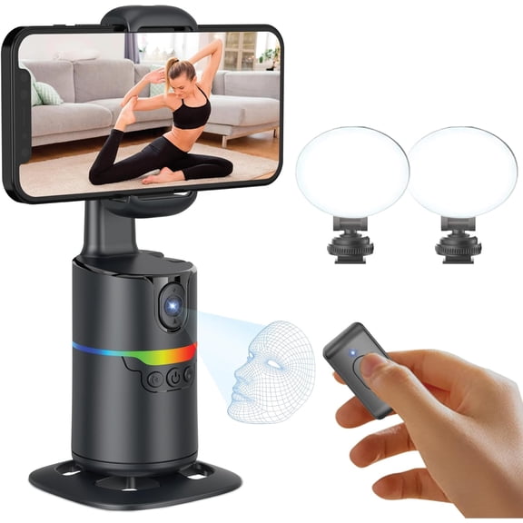 Auto Face Tracking Tripod Desk Mount, 360 Rotating Phone Stand with 2 Fill Lights and Remote, AI Motion Tracking Phone Holder for iPhone Android, Gesture Control, No App, Content Creator Vlogging Kit