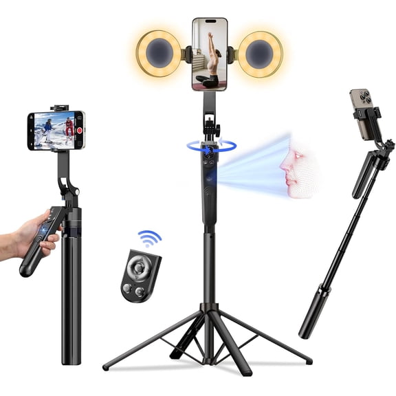 Auto Face Tracking Tripod for iPhone with Light, No APP Needed 70.9" Phone Camera Tripod Stand 360 Rotation Selfie Stick Follows Your Movement with Remote for Content Creator Vlog Live Stream