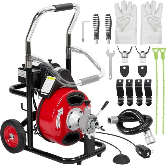 Auto Feed 75 FT x 1/2 Inch Drain Cleaner Machine with 250W Motor, Portable Sewer Snake Auger with 8 Cutters & Air-activated Foot Switch, Fits 1" to 4" Pipes