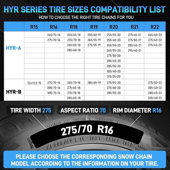 Auto Fixing Snow Chains for Pickup Trucks & SUVs, Heavy Duty Tire Chains with Self-Tensioning, Quick Install Emergency Traction Chains for Car Tires 255-315, Set of 2 (HYR-A)