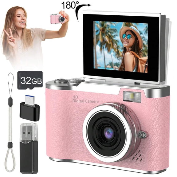 Auto Focus 48MP 4K Face Detection 2.4-Inch Flip Over Display Screen, Button Control, Equipped With 32GB Memory Card, Suitable For Teenagers And Beginners