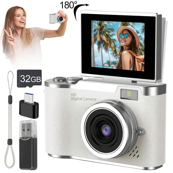Auto Focus 48MP 4K Face Detection 2.4-Inch Flip Over Display Screen, Button Control, Equipped With 32GB Memory Card, Suitable For Teenagers And Beginners