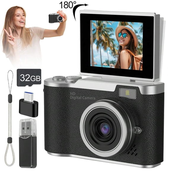 Auto Focus 48MP 4K Face Detection 2.4-Inch Flip Over Display Screen, Button Control, Equipped With 32GB Memory Card, Suitable For Teenagers And Beginners