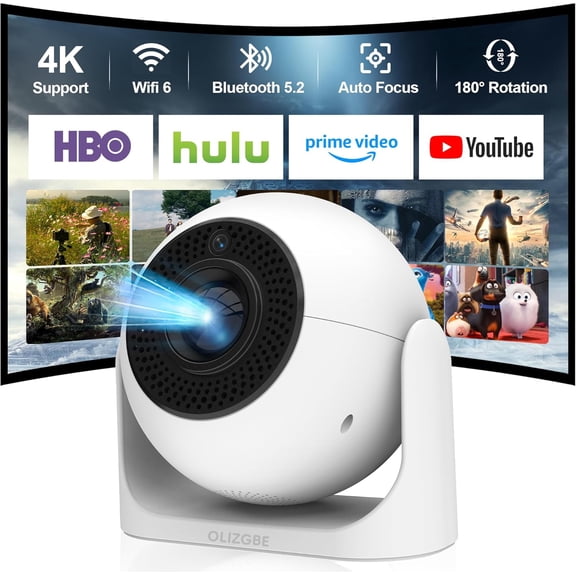 [Auto Focus] Mini Portable Projector with WiFi and Bluetooth, Built-in Apps Smart 4K Support, 180 Rotation Auto Keystone, Home Outdoor Movie Compatible TV Stick/Phone/Laptop