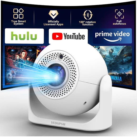 Auto Focus Mini Projector Support 4K 1080P, Built-in APPS & Auto Keystone 180 Rotatable, Portable Projector with WiFi and Bluetooth, Home Theater Outdoor Movie Bedroom Projector, 200 ANSI Lumens