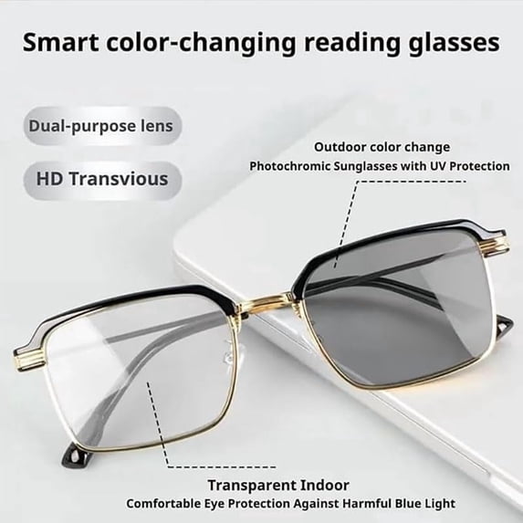 Auto Focus Reading Glasses, Photochromic Half Frame Glasses, Multifocus Smart Eyewear, Portable Anti-Fatigue HD Clear Vision Eyeglasses for Indoor Outdoor Working Reading Daily Eye Protection Use