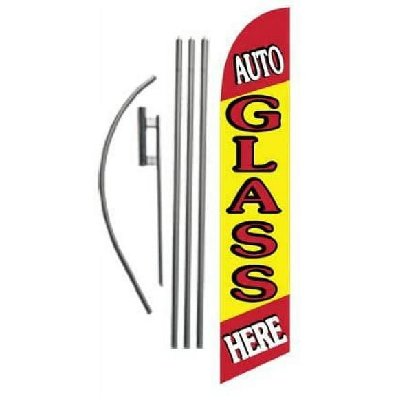 Auto Glass Here 15ft Feather Banner Swooper Flag Kit - INCLUDES 15FT POLE KIT w/GROUND SPIKE