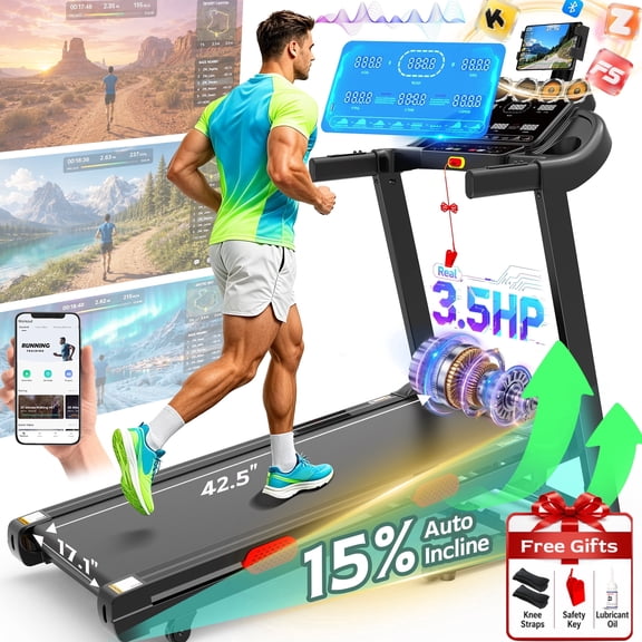 Folding Treadmill for Home with Auto Incline, 3.8HP Brushless Motor, 15% Incline Treadmill, 300 lbs Capacity, 0.6-9 mph Speed, Bluetooth App Control, 105 Workout Programs, Fitness Equipment