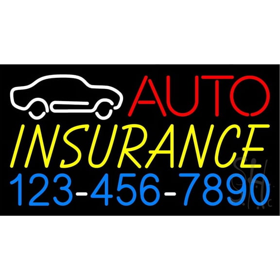 Auto Insurance with Phone Number LED Neon Sign 13 x 24 - inches, Clear Edge Cut Acrylic Backing, with Dimmer - Bright and Premium built indoor LED Neon Sign for automotive store, and mall.
