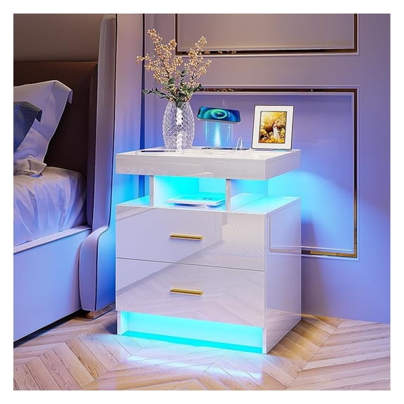 Auto LED Nightstand with Wireless Charging Station & USB Ports,High Gloss Bedside Tables with 2 Drawers,Floating Nightstand with 3 Color & Adjustable Brightness for Bedroom,White
