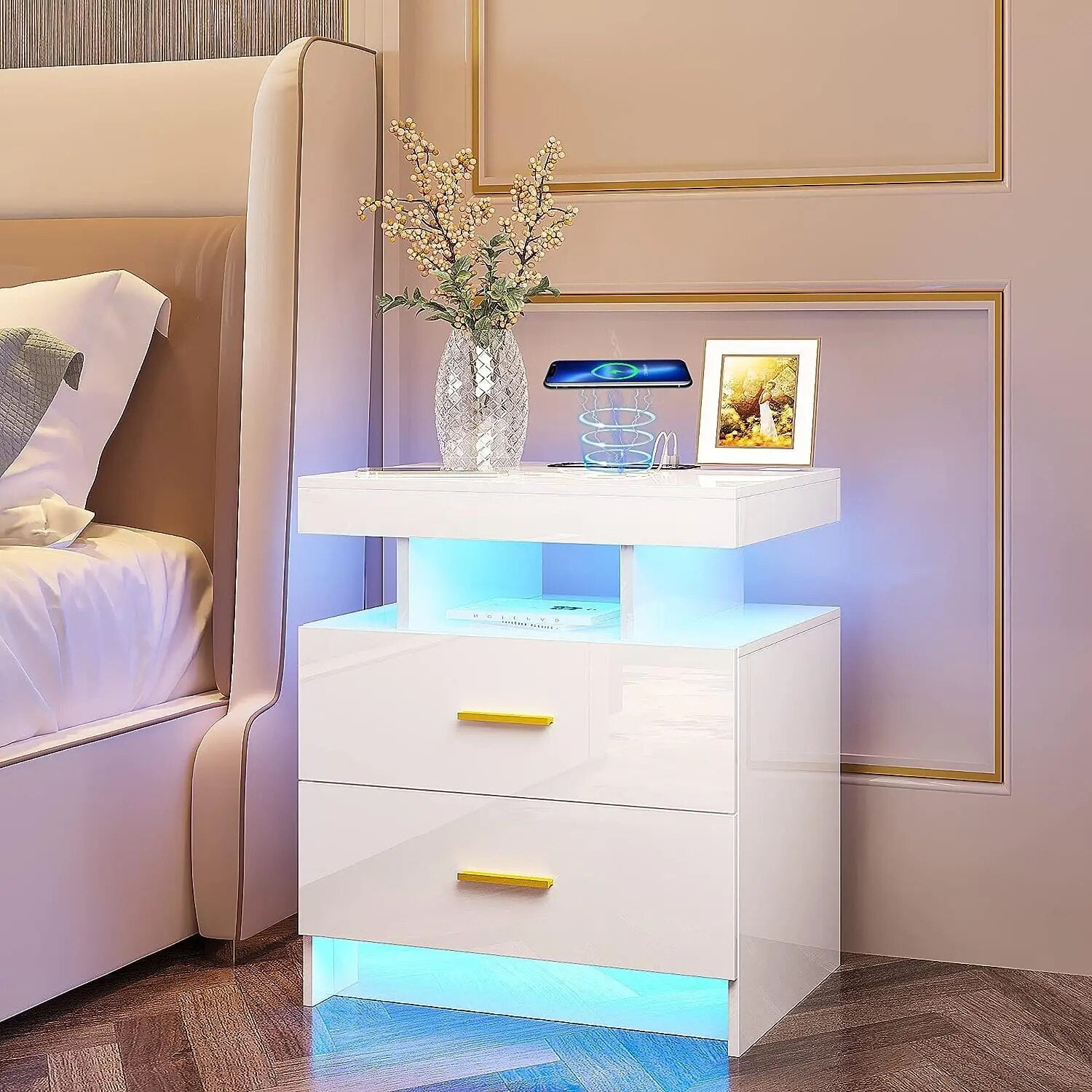 Auto LED Nightstand with Wireless Charging Station & USB Ports,High