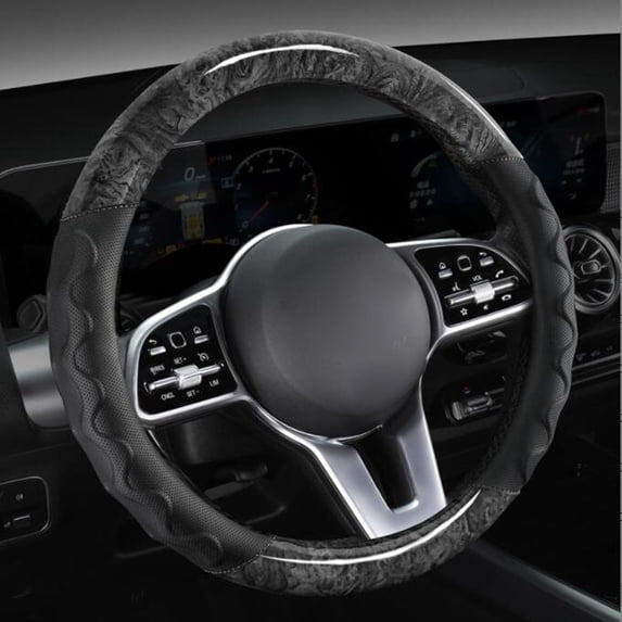 Auto Leather Steering Wheel Cover Peach Wood Grain Breathable Anti-Slip Durable Universal 15 Inch Steering Wheel Wrap, Black