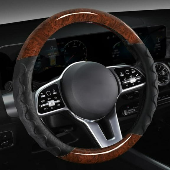Auto Leather Steering Wheel Cover Peach Wood Grain Breathable Anti-Slip Durable Universal 15 Inch Steering Wheel Wrap, Coffee