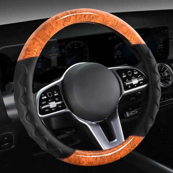 Auto Leather Steering Wheel Cover Peach Wood Grain Breathable Anti-Slip Durable Universal 15 Inch Steering Wheel Wrap, Yellow