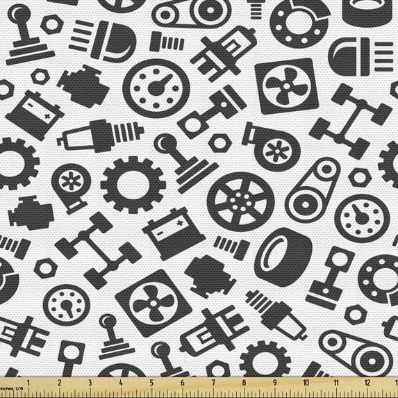 Ambesonne Auto Mechanic Fabric by the Yard Upholstery, Car Spare Parts, 3 Yards, Dark Grey White