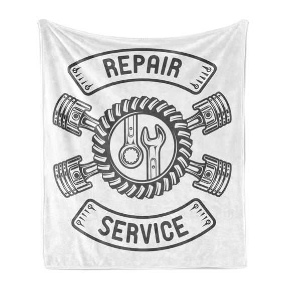 Auto Mechanic Soft Flannel Fleece Blanket, Emblem Like Illustration with Rubber Tire Tools and Repair Service Typography, Cozy Plush for Indoor and Outdoor Use, 70" x 90", Grey White, by Ambesonne