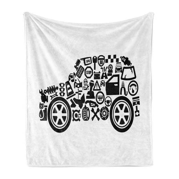 Auto Mechanic Soft Flannel Fleece Blanket, Monochrome Graphic with Pictograms About Automotive Shape as Car, Cozy Plush for Indoor and Outdoor Use, 70" x 90", Charcoal Grey and White, by Ambesonne