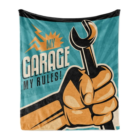 Auto Mechanic Soft Flannel Fleece Blanket, Retro Manly Design with My Garage My Ruler Lettering and Hand Holding Wrench, Cozy Plush for Indoor and Outdoor Use, 60" x 80", Multicolor, by Ambesonne