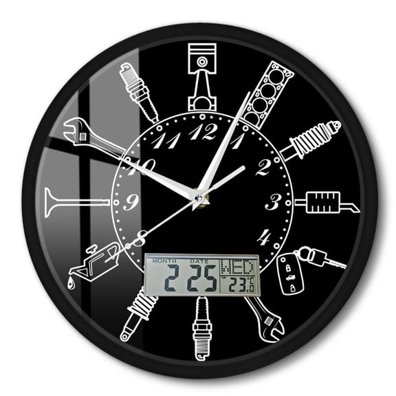 Auto Mechanic Tool Silent Wall Clock with Temperature Calendar Date Week LCD Indicator