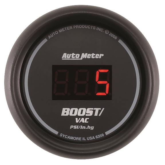 AutoMeter 6359 Sport-Comp Digital Boost/Vacuum Gauge; 2-1/16 in.; Black Dial Face; Red Digital LED; Digital; 30 IN HG/30 PSI;
