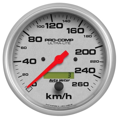 AutoMeter 4489-M Ultra-Lite In-Dash Electric Speedometer; 5 in.; Silver Dial Face; Fluorescent Red Pointer; White Incandescent Lighting; Electric Air-Core; 0-260 KM/H;