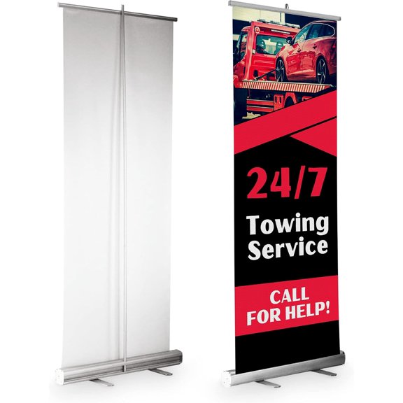 Auto Mobile Retractable Stand Banner by DC | 33"x81" Roll-Up Display | 247 Towing Service Cal for Help Vertical Pull-Up Banner Stand for Trade Shows & Events | Made in USA