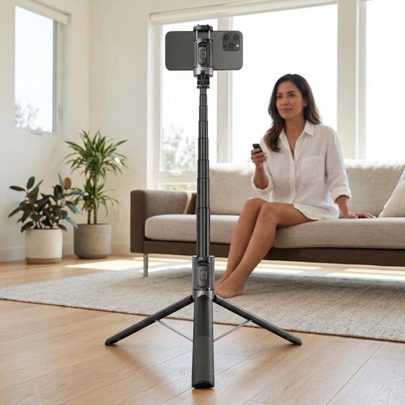 Auto Open Selfie Stick Tripod, 63-inch Extendable with Wireless Remote, 360 Rotation, Portable for Travel Vlog. Compatible with iPhone Android