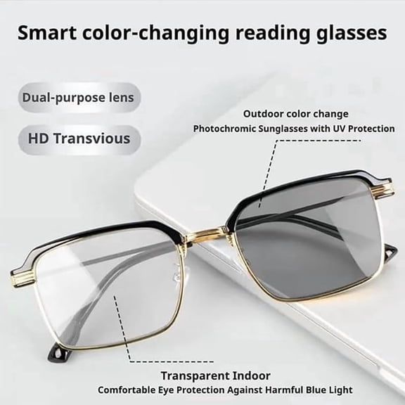 Auto Photochromic Semi Rim Reading Glasses, HD Intelligent Focus Adjustable Lens Lightweight Eyeglasses for Elderly Daily Sight Care