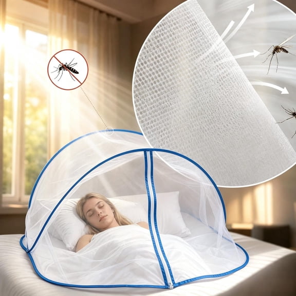 Auto Pop Up Foldable Polyester Mesh Sleeping Tent Zipper Bug Proof Barrier Quick Setup Breathable Sleep Cover Compact Portable Shelter For Business Travel Indoor Bedroom Rest Use