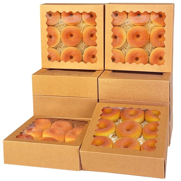 Auto-Pop Up Pastry Box with Window, 8"8"2.5", Brown, 90 Pcs