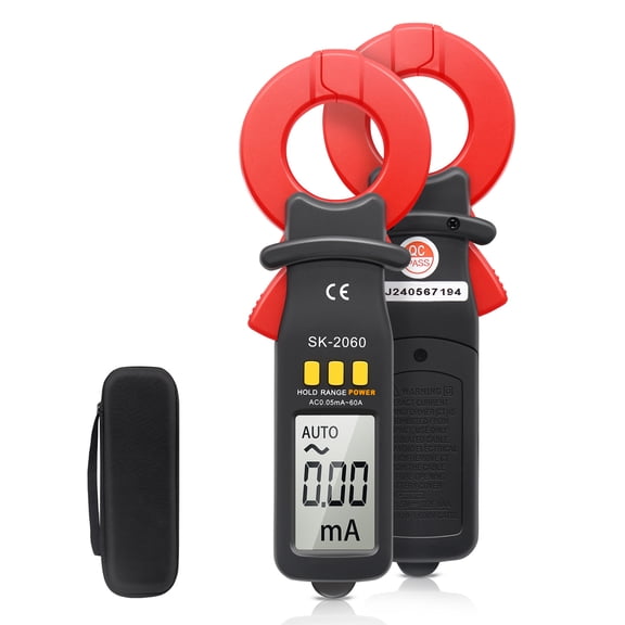Auto Power Off Current Clamp 60A AC DC Current Leakage Tester Clamp Meter, Auto Range Hold Ammeter, Counts Micro Current Detector, for Ground Fault Current Measurement with Resolution