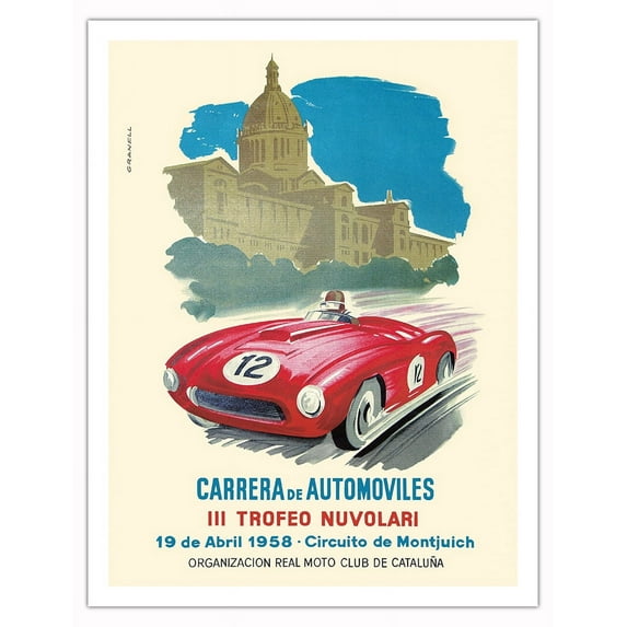 Auto Race (Carrera de Automóviles) - 3rd Tazio Nuvolari Trophy - Montjuïc Circuit Spain - Vintage Car Racing Poster by Granell c.1958 - Fine Art Matte Paper Print (Unframed) 20x26in