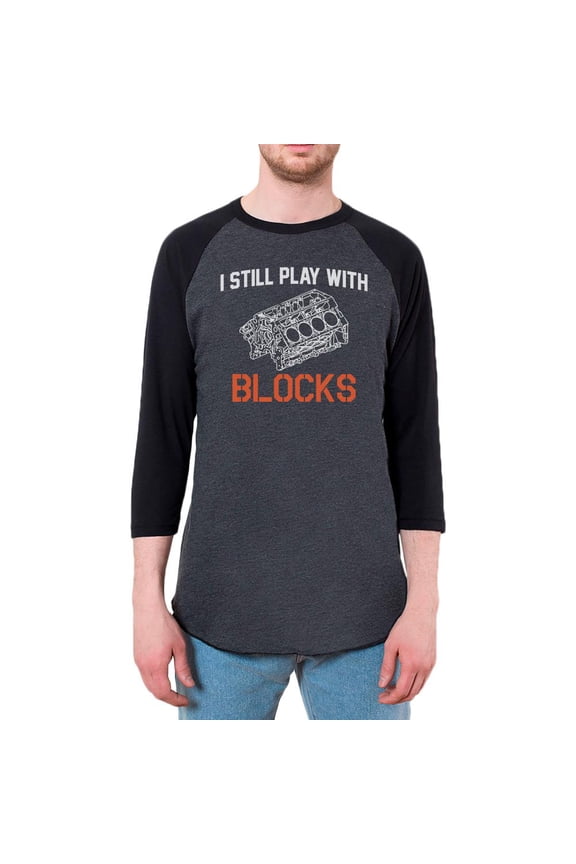 Auto Racing I Still Play With Blocks Mens Raglan T Shirt Heather Black-Black SM