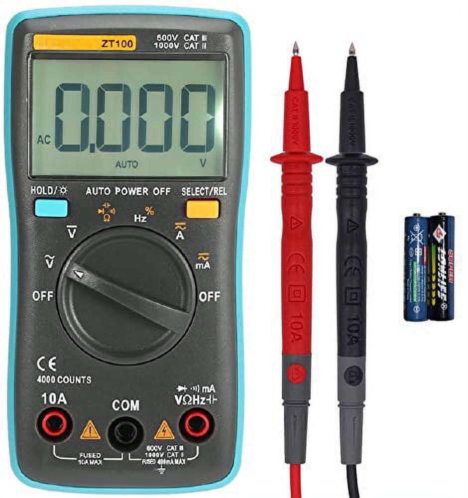 Auto-Ranging Digital Multimeter with 4000 Counts and Backlit LCD Display, Measures AC/DC Voltage and Current, Resistance, Capacitance, Frequency, Duty Cycle, Diode, Continuity