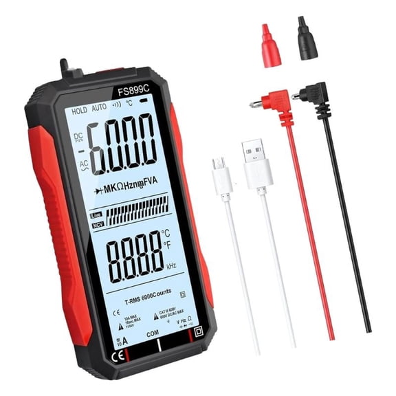 Auto Ranging Digital Multimeter with Rechargeable Type C Power, 6000 Count Reading, and Large Display Screen for Household Repair and Garage Service Work