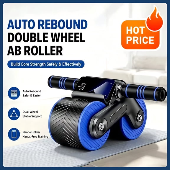 Auto Rebound Ab Roller Wheel with Phone Holder, Double Wheel Core Exercise Equipment for Home Gym, Abdominal Trainer with Knee Mat, Black