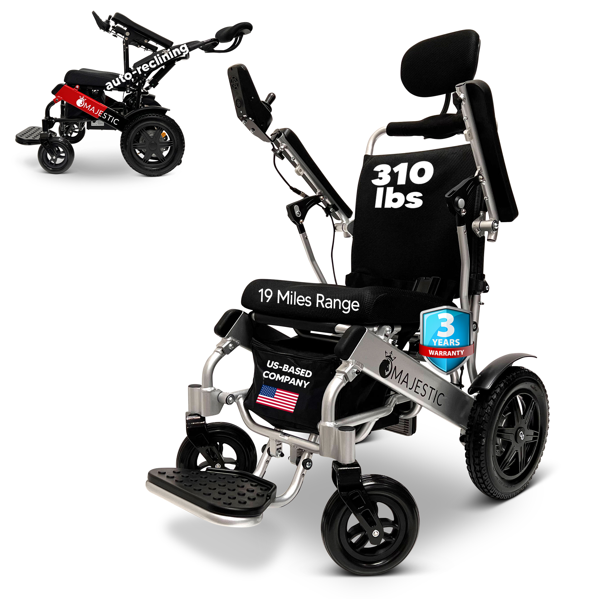 Auto Reclining Electric Wheelchair, 350 lbs Weight Capacity, 19 Miles ...