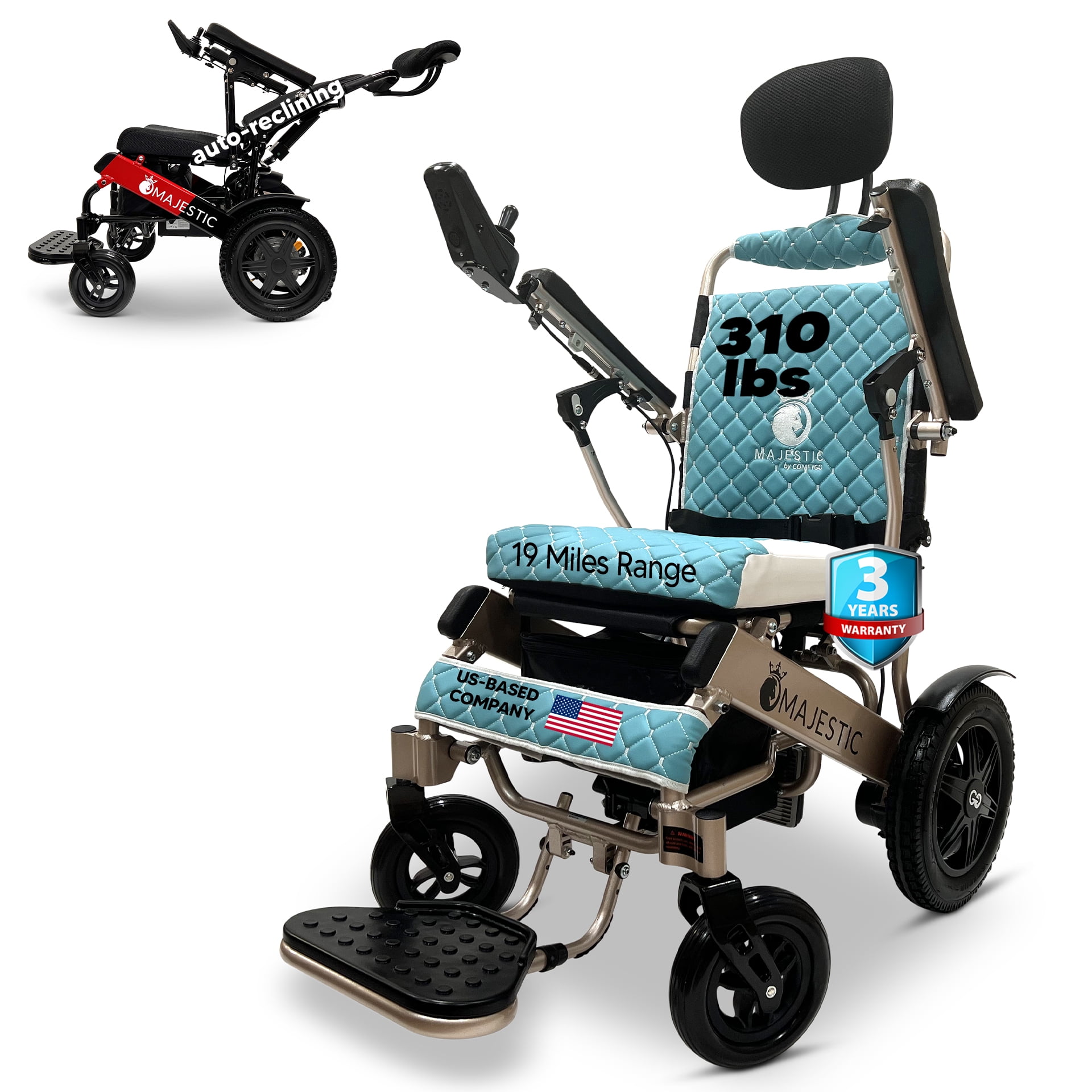Auto Reclining Electric Wheelchair, 350 lbs Weight Capacity, 19 Miles ...