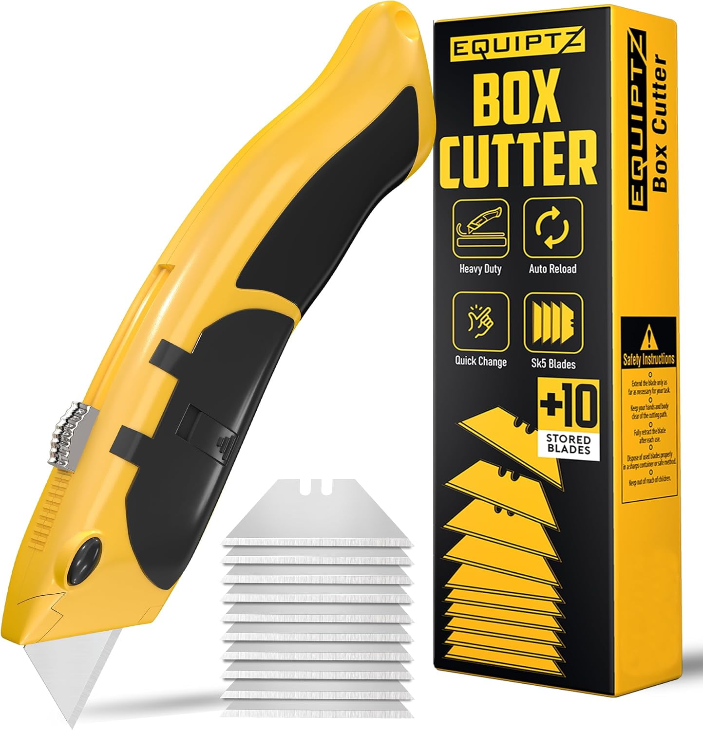 Auto Reload Utility Knife with 10 Preloaded 5 Blades, Heavy Duty Box Cutter Retractable and Razor Knife with Non-Slip Rubber Handle and Lanyard Hole