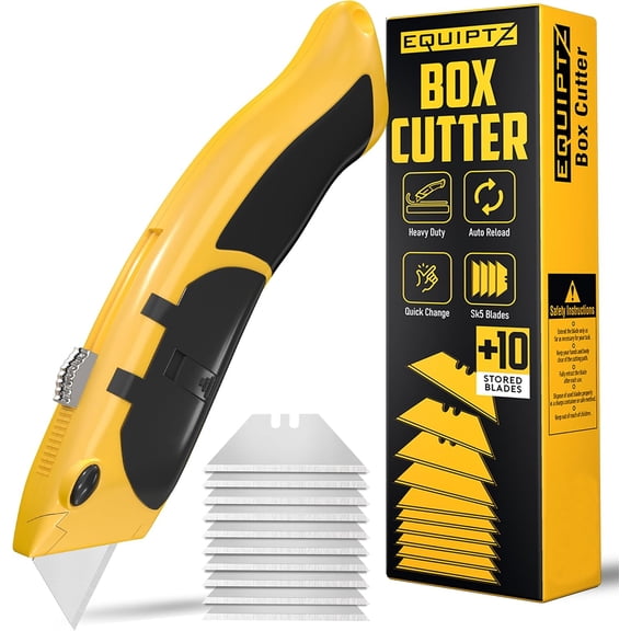 Auto Reload Utility Knife with 10 Preloaded 5 Blades, Heavy Duty Box Cutter Retractable and Razor Knife with Non-Slip Rubber Handle and Lanyard Hole