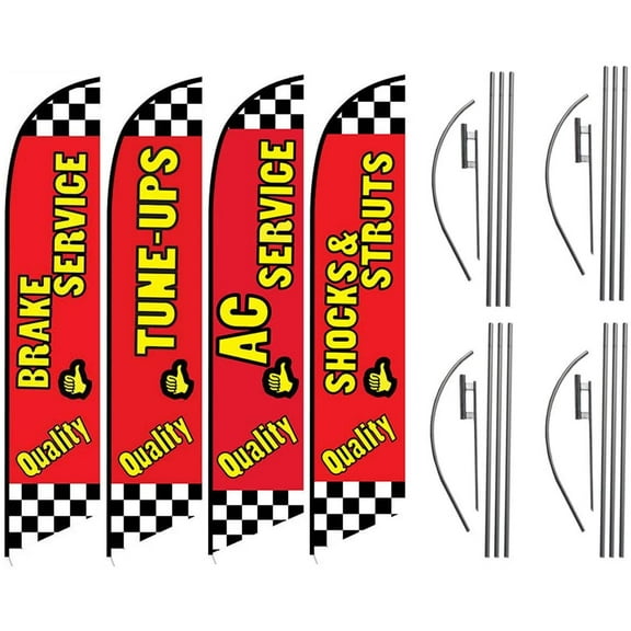Auto Repair Shop Promotional Package of Four Feather Flag Kits Set, Comes with Four Telescopic Aluminum Pole Kits and Ground Stakes