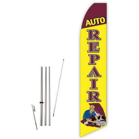 Auto Repair Yellow/Brown Super Novo Feather Flag - Complete with 15ft Pole Set and Ground Spike