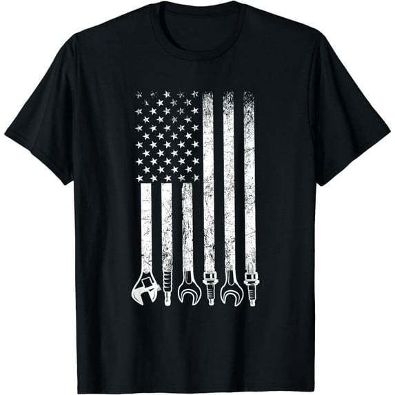 Auto Repairman Car Mechanic Wrench Workshop Tools USA Flag T-Shirt