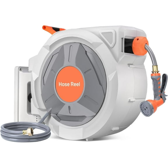 Auto-Retract Wall-Mounted Garden Hose Reel w/9-Pattern Nozzle, 180° Swivel & Any-Length Lock, 600PSI Durable