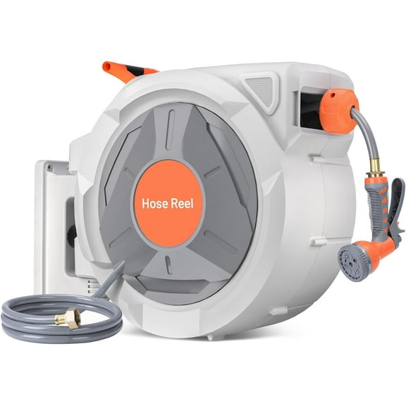 Auto-Retract Wall-Mounted Garden Hose Reel w/9-Pattern Nozzle, 180° Swivel & Any-Length Lock, 600PSI Durable