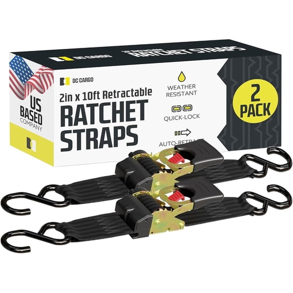 Auto Retractable Ratchet Straps (2-Pack) 2" x 10ft, Super Heavy Duty, 3,033lb Break Strength - Tie Down Straps for , , Trailer,