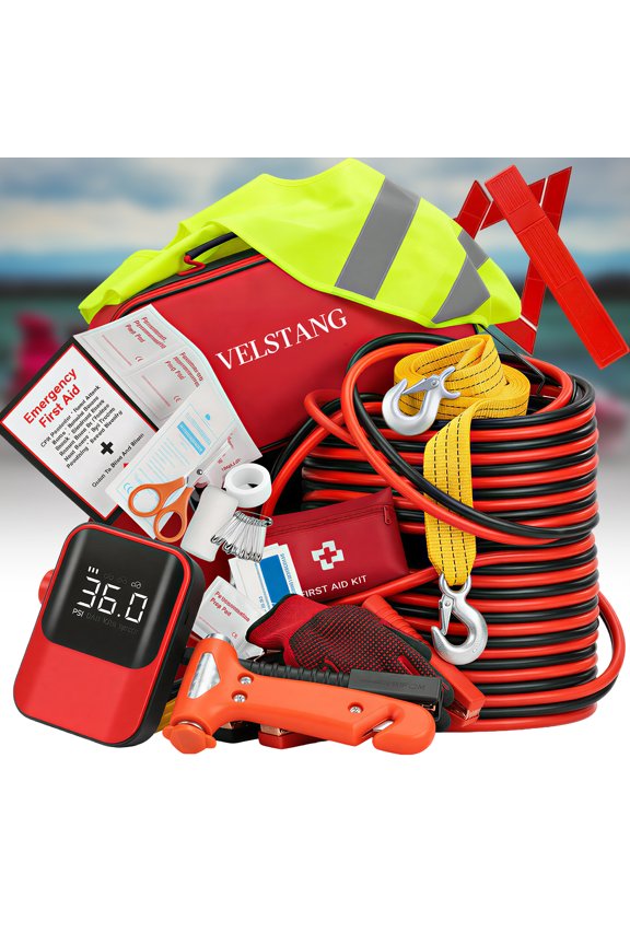 Auto Roadside Emergency Survival Kit with Tire Inflator, Booster Cables & Tow Rope AllSeason Car Safety Gear, Perfect for New Drivers